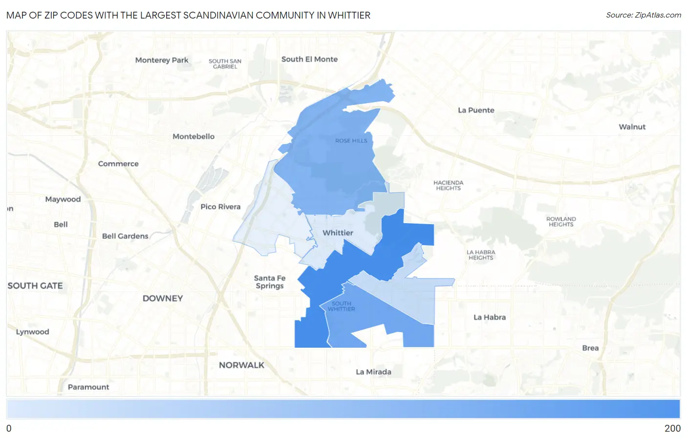 Zip Codes with the Largest Scandinavian Community in Whittier Map