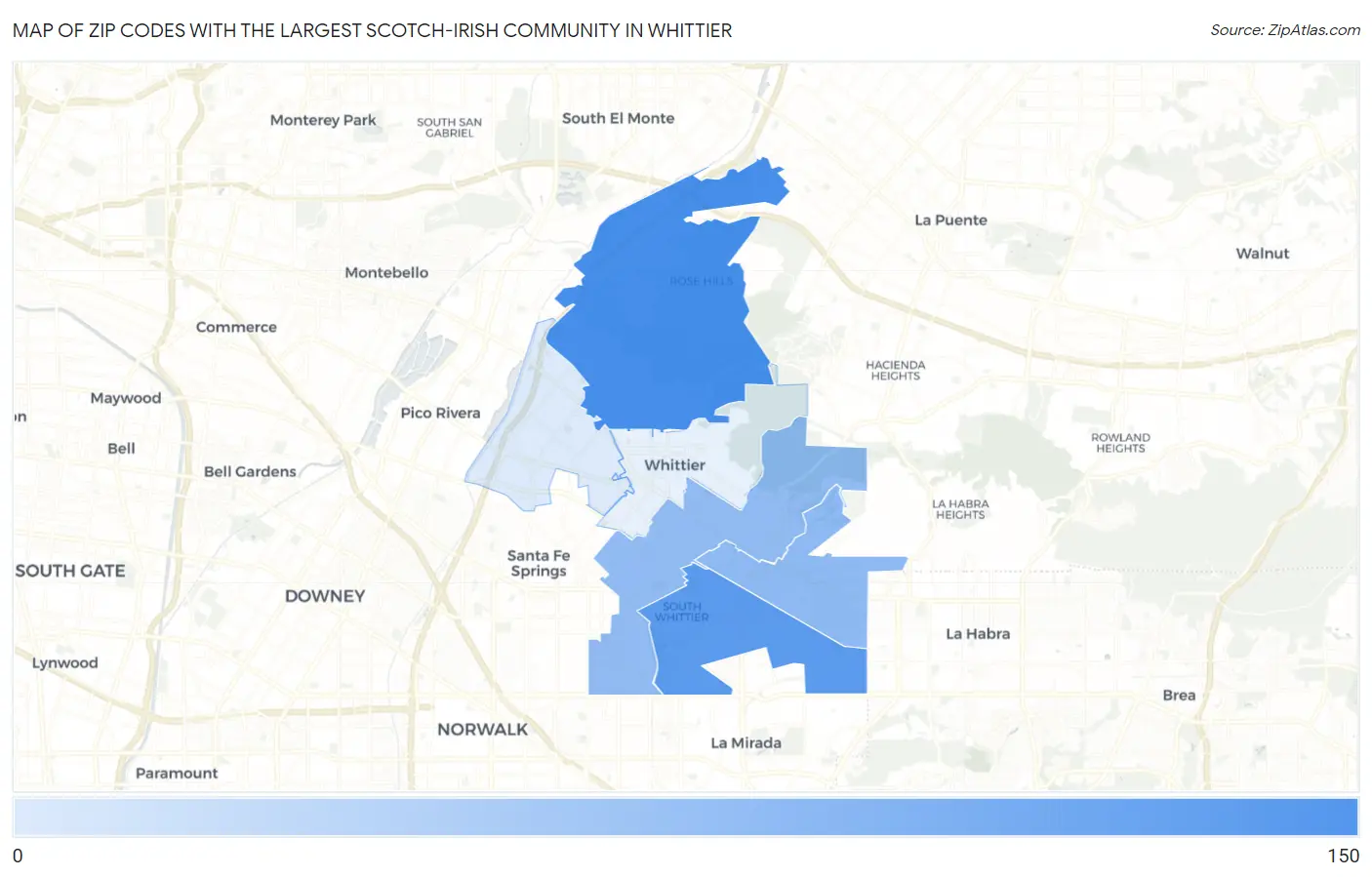 Zip Codes with the Largest Scotch-Irish Community in Whittier Map