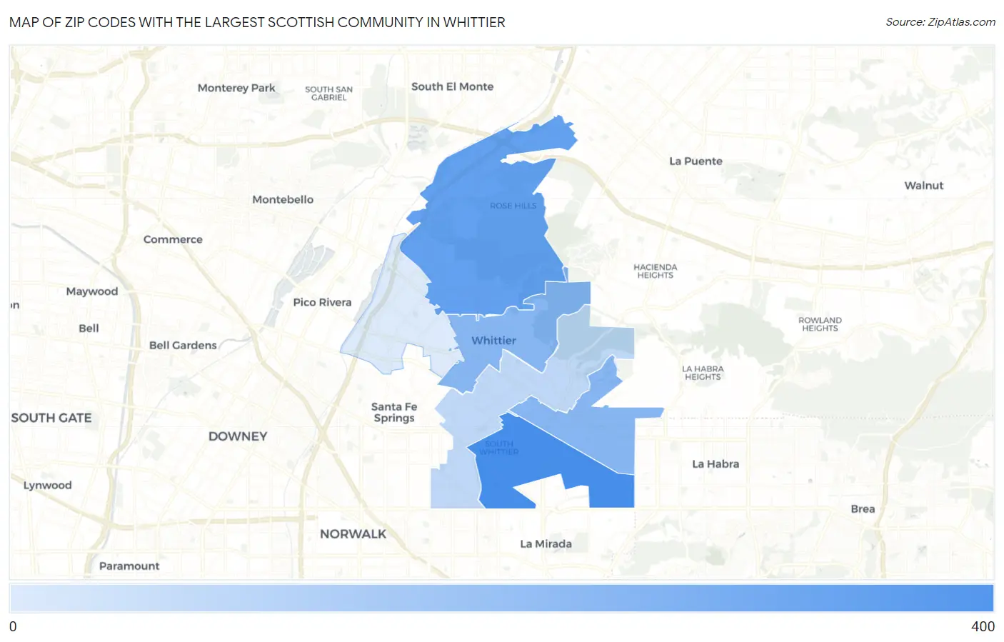 Zip Codes with the Largest Scottish Community in Whittier Map