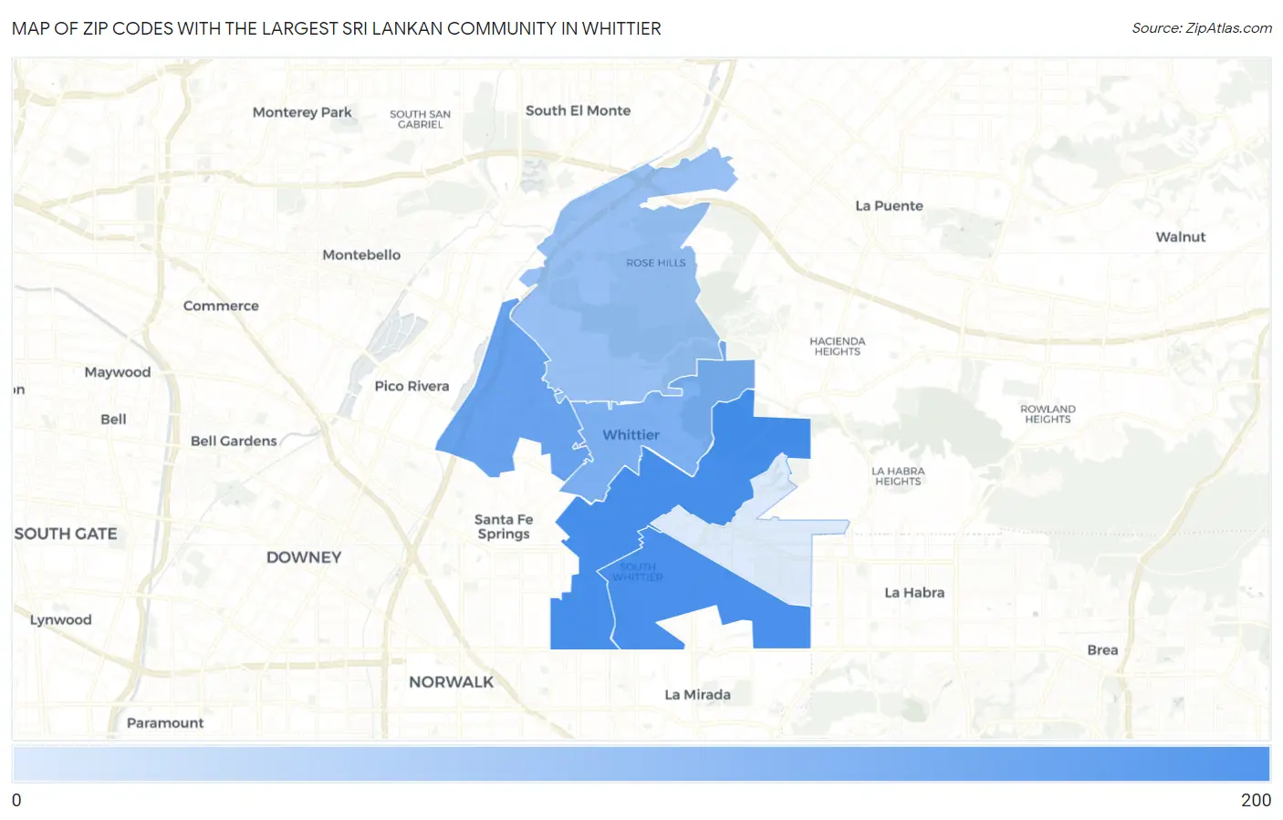 Zip Codes with the Largest Sri Lankan Community in Whittier Map