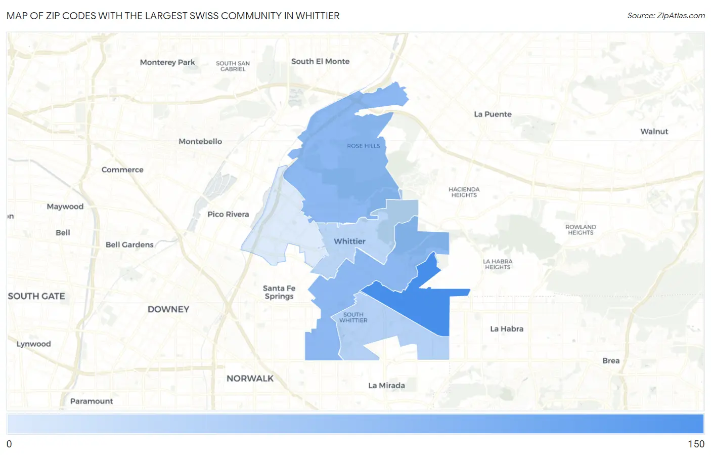 Zip Codes with the Largest Swiss Community in Whittier Map