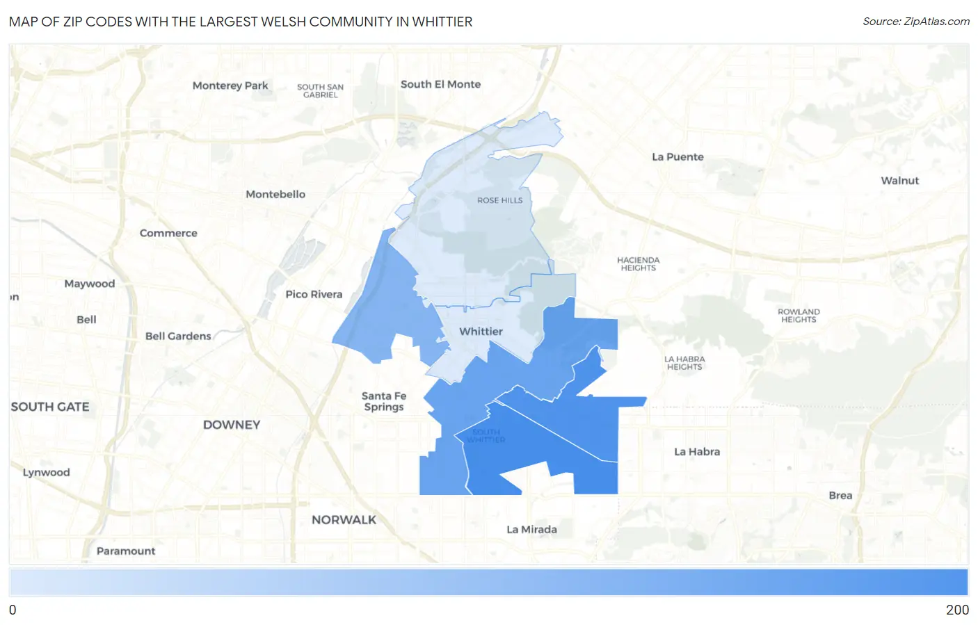 Zip Codes with the Largest Welsh Community in Whittier Map