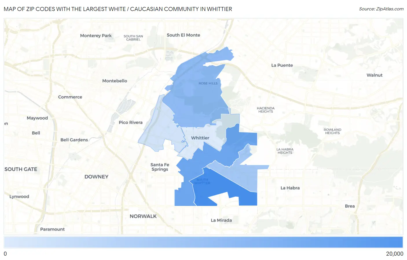 Zip Codes with the Largest White / Caucasian Community in Whittier Map
