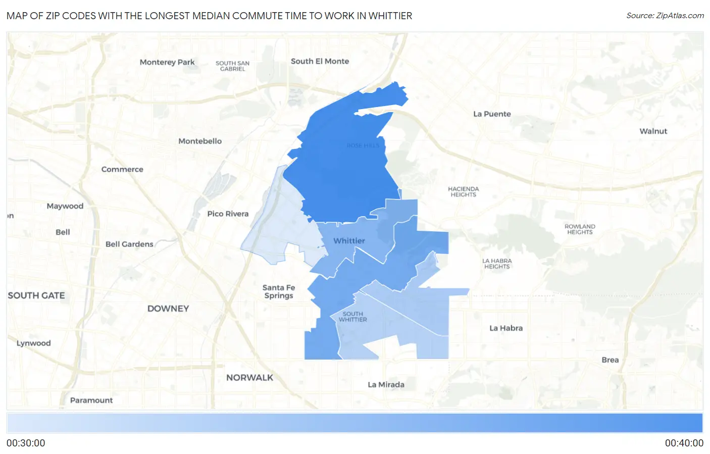 Zip Codes with the Longest Median Commute Time to Work in Whittier Map