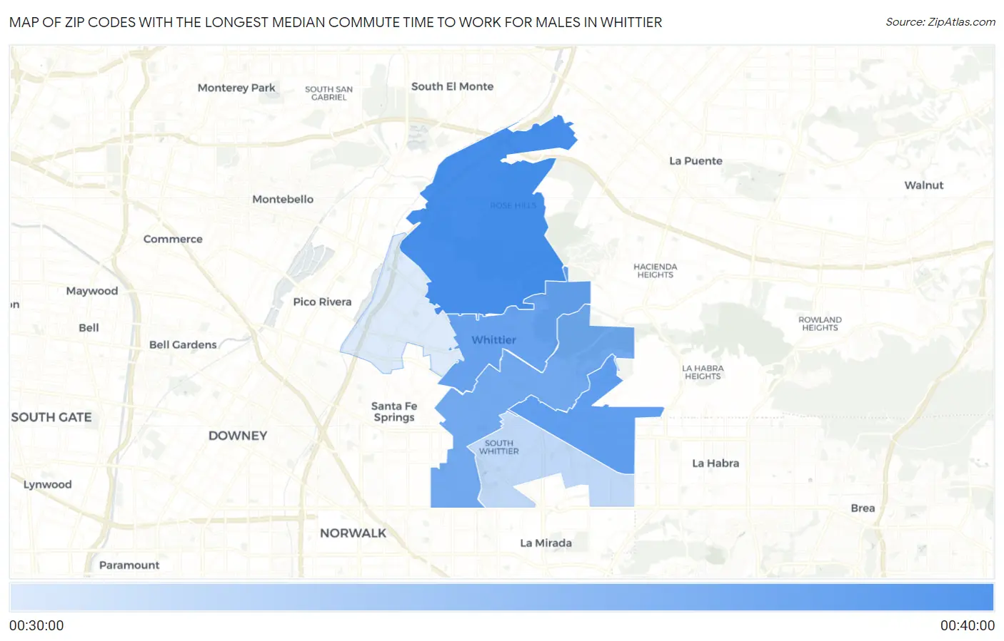 Zip Codes with the Longest Median Commute Time to Work for Males in Whittier Map