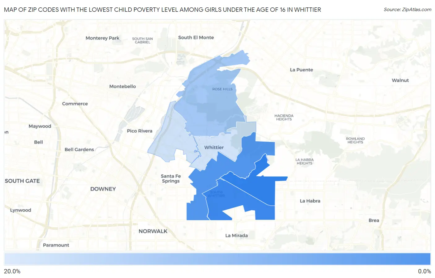 Zip Codes with the Lowest Child Poverty Level Among Girls Under the Age of 16 in Whittier Map