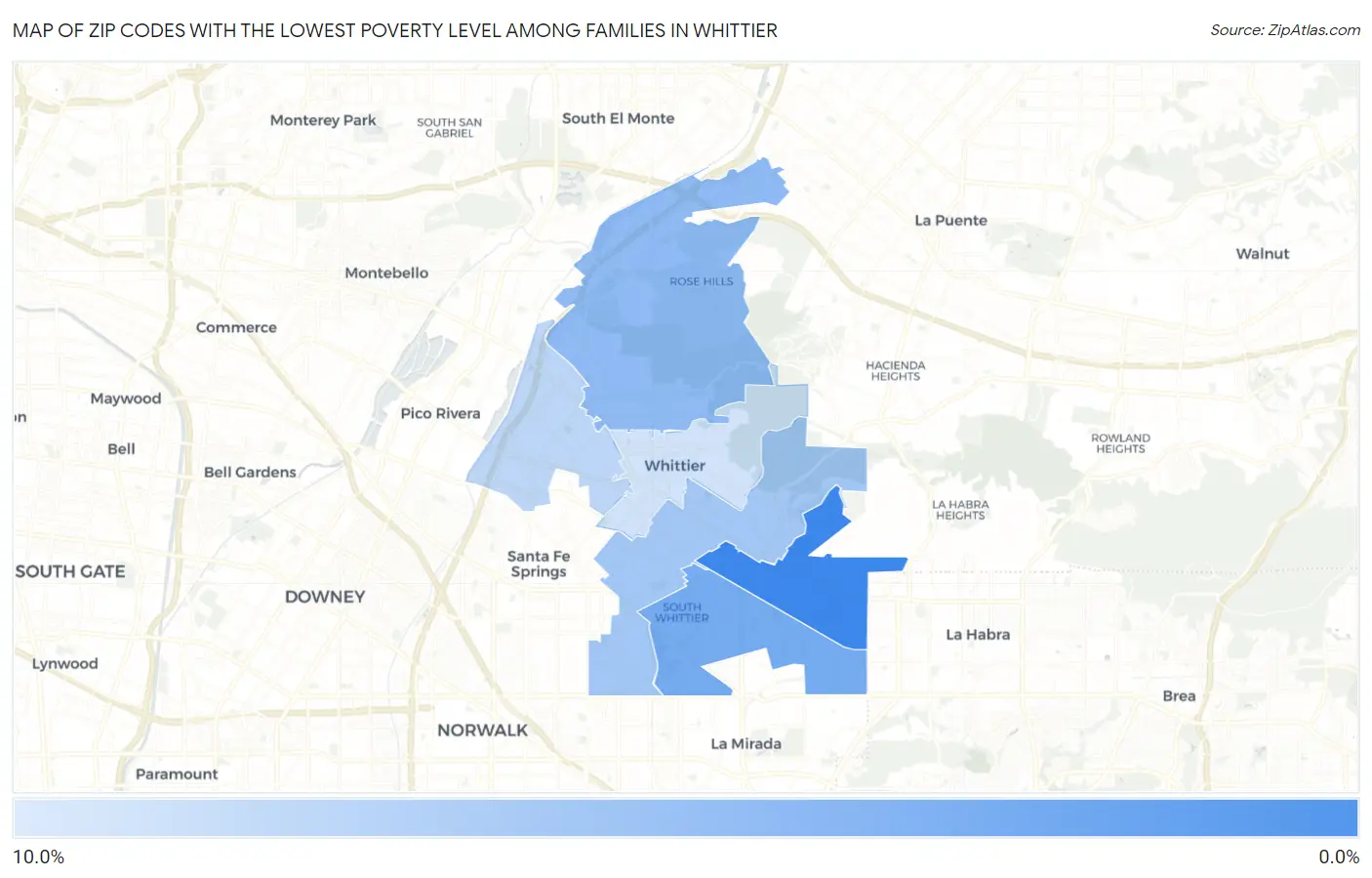 Zip Codes with the Lowest Poverty Level Among Families in Whittier Map