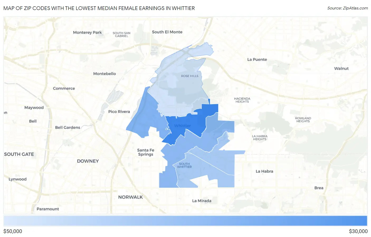Zip Codes with the Lowest Median Female Earnings in Whittier Map