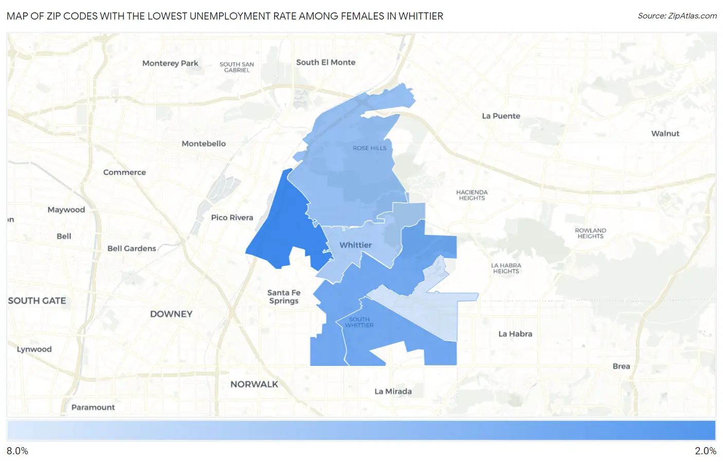 Zip Codes with the Lowest Unemployment Rate Among Females in Whittier Map