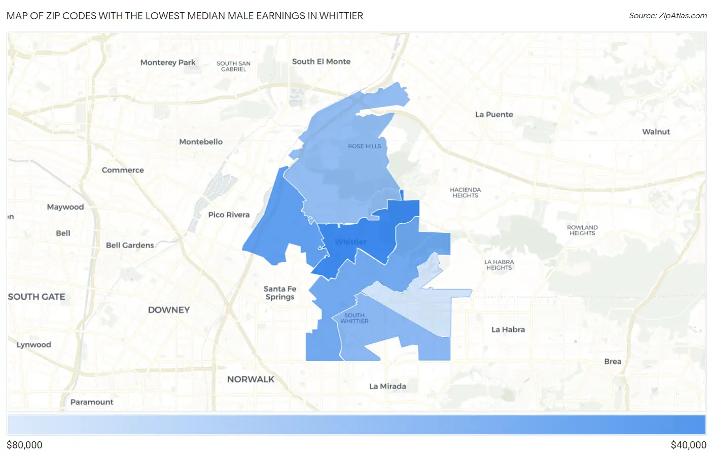 Zip Codes with the Lowest Median Male Earnings in Whittier Map