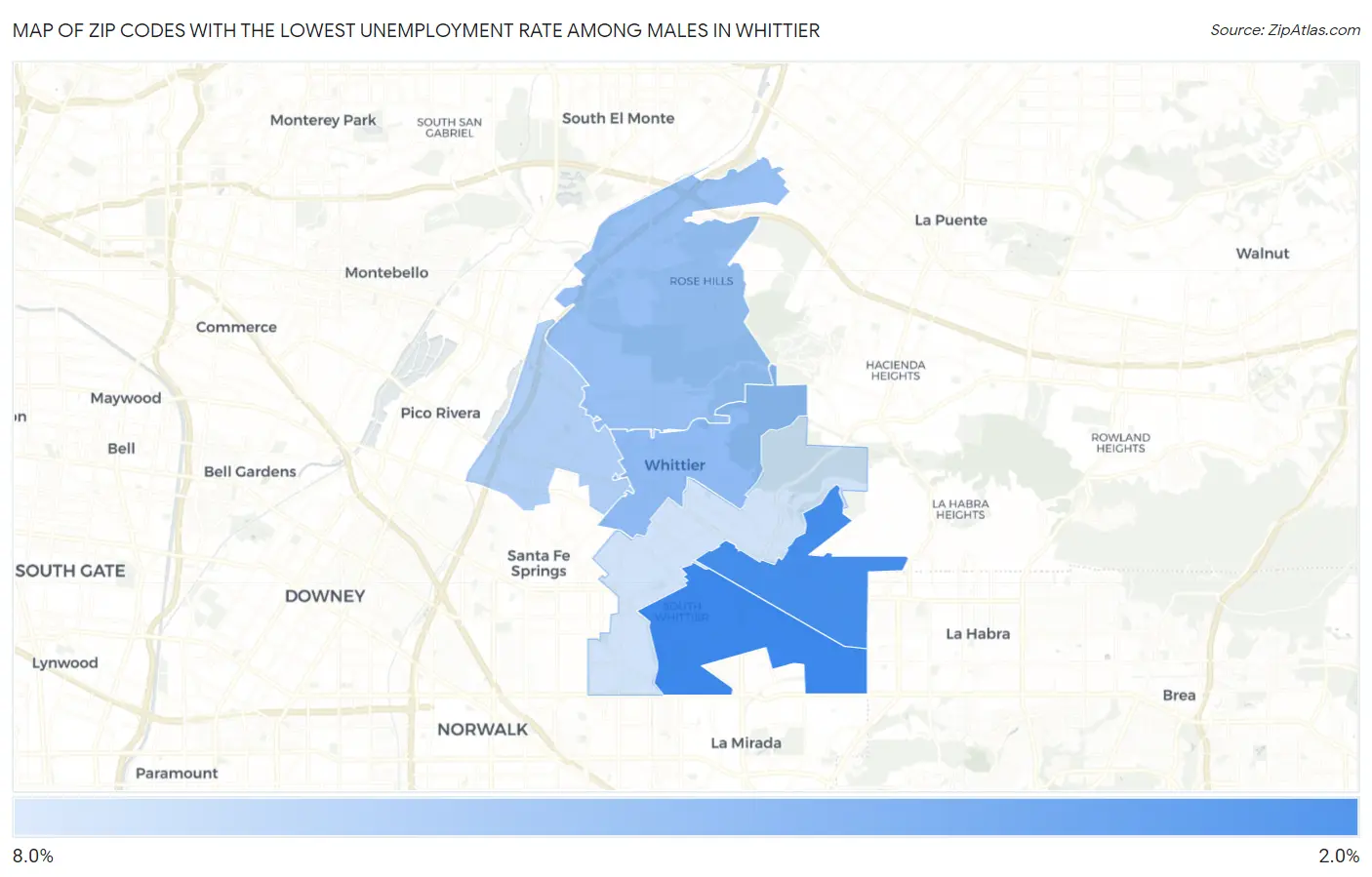 Zip Codes with the Lowest Unemployment Rate Among Males in Whittier Map