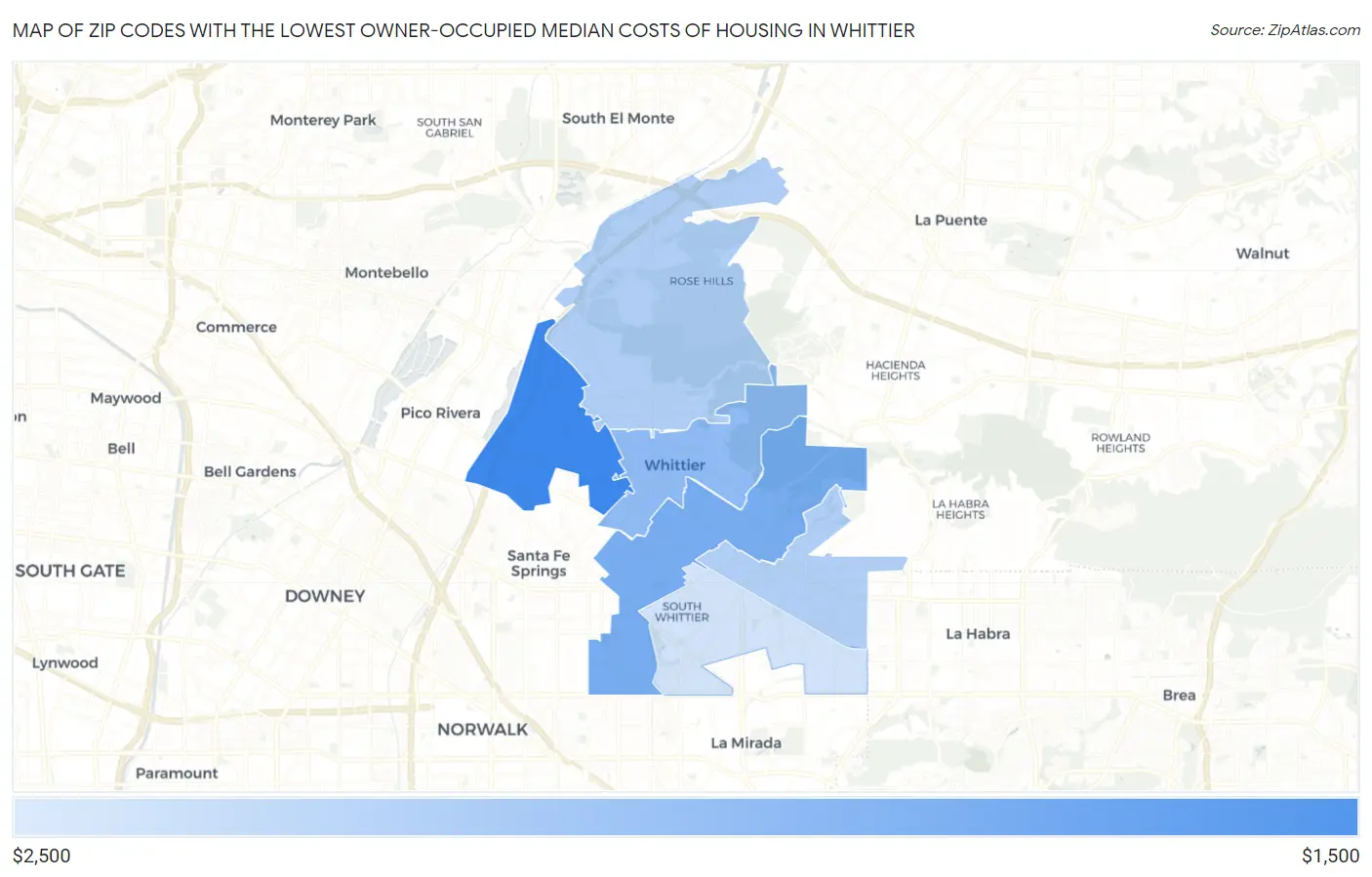 Zip Codes with the Lowest Owner-Occupied Median Costs of Housing in Whittier Map