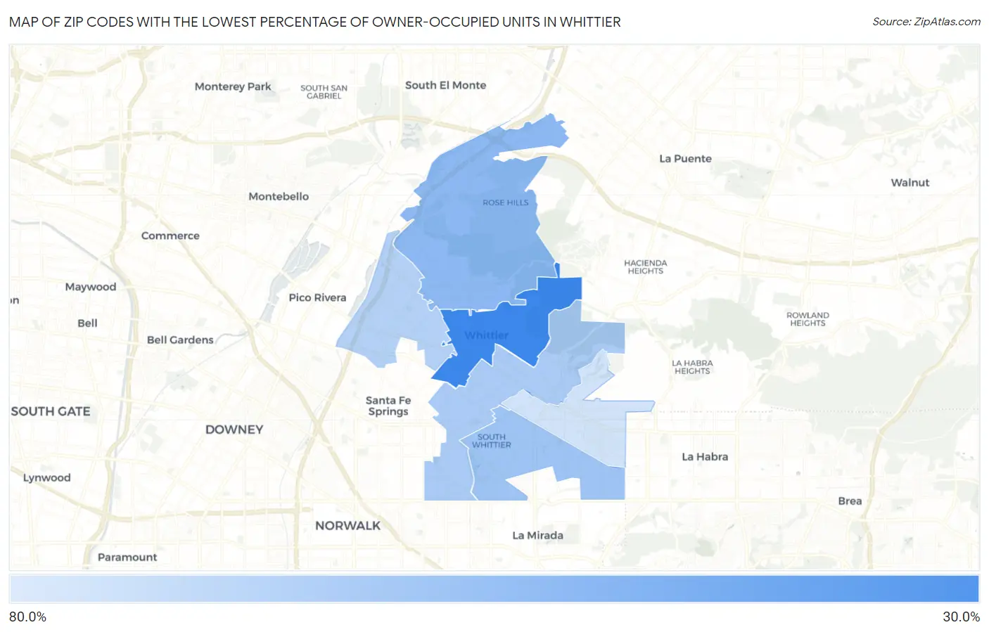 Zip Codes with the Lowest Percentage of Owner-Occupied Units in Whittier Map