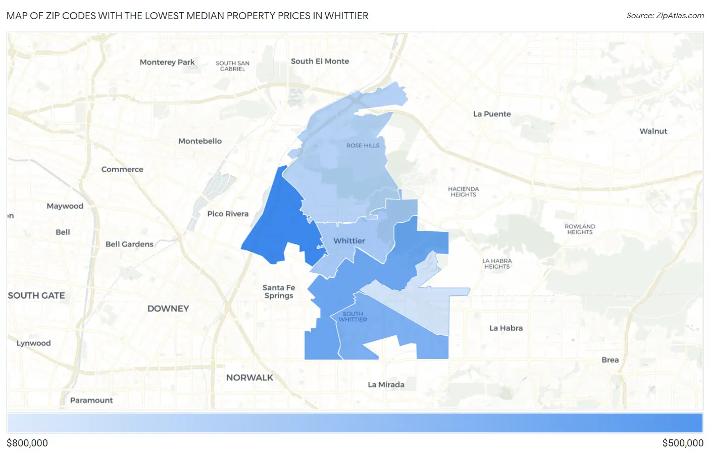 Zip Codes with the Lowest Median Property Prices in Whittier Map