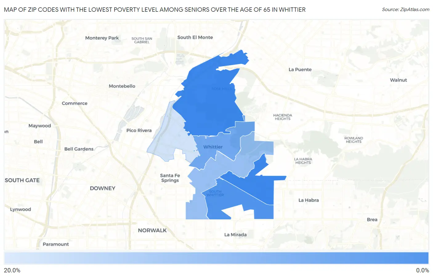 Zip Codes with the Lowest Poverty Level Among Seniors Over the Age of 65 in Whittier Map