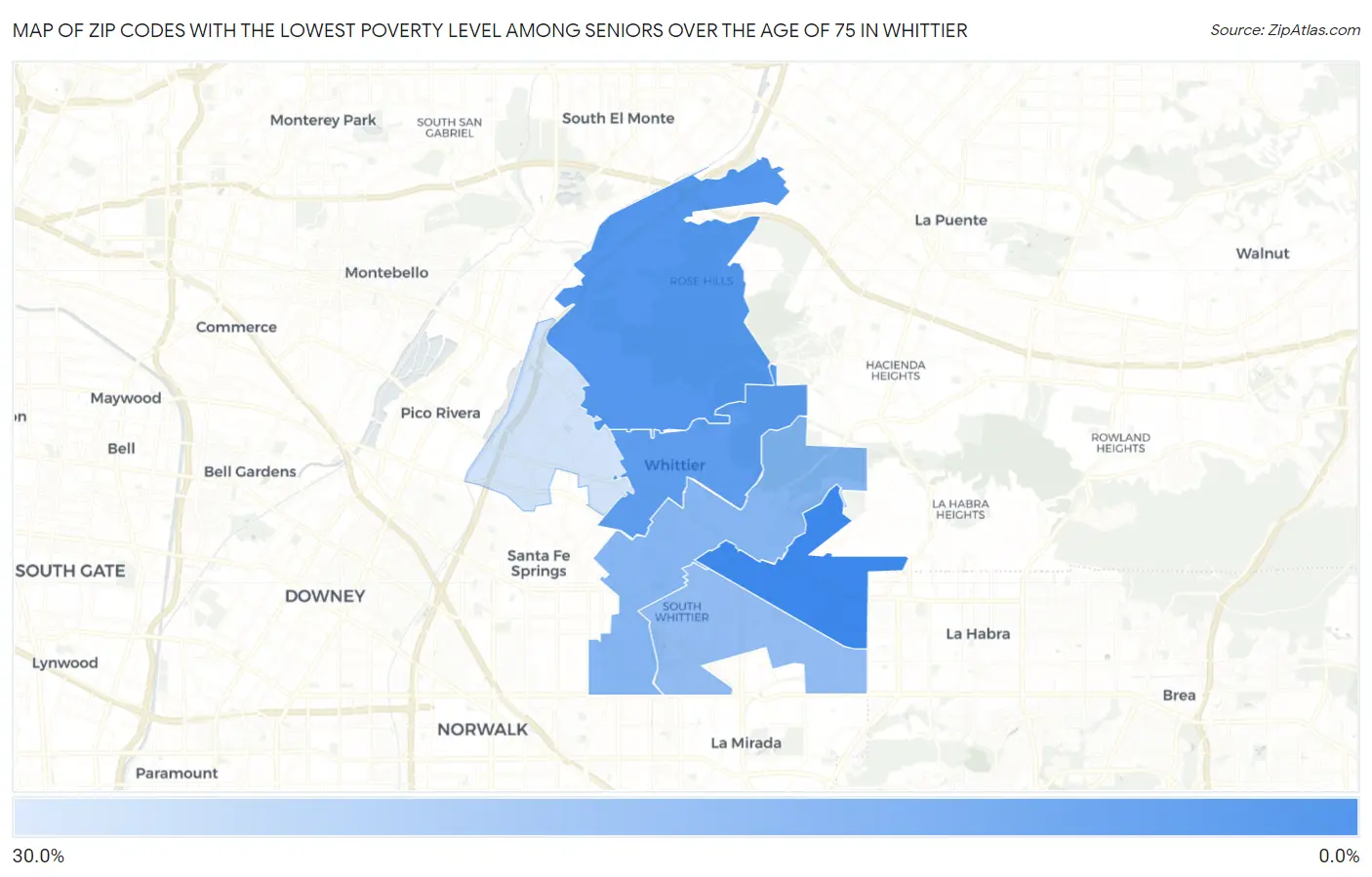 Zip Codes with the Lowest Poverty Level Among Seniors Over the Age of 75 in Whittier Map