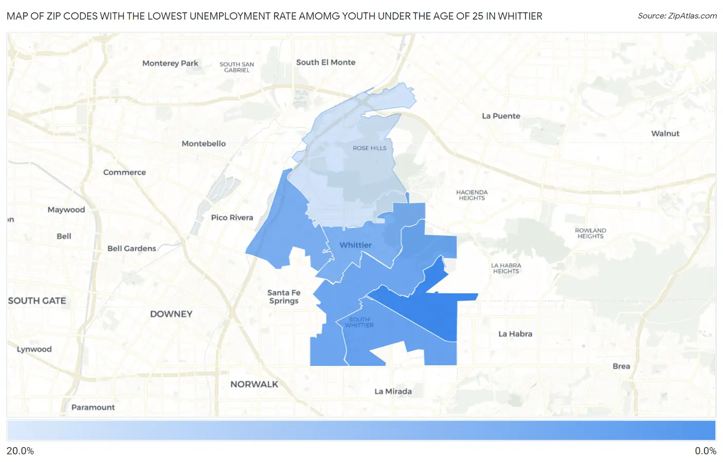 Zip Codes with the Lowest Unemployment Rate Amomg Youth Under the Age of 25 in Whittier Map