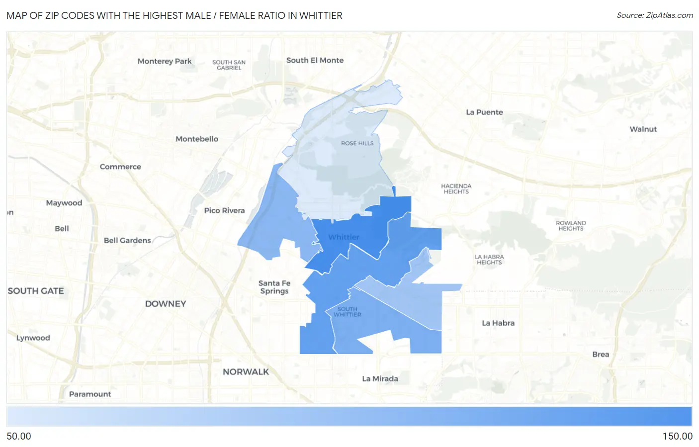 Zip Codes with the Highest Male / Female Ratio in Whittier Map