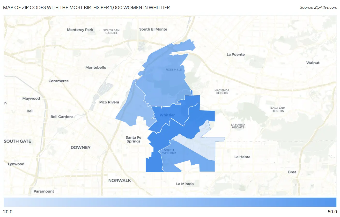 Zip Codes with the Most Births per 1,000 Women in Whittier Map