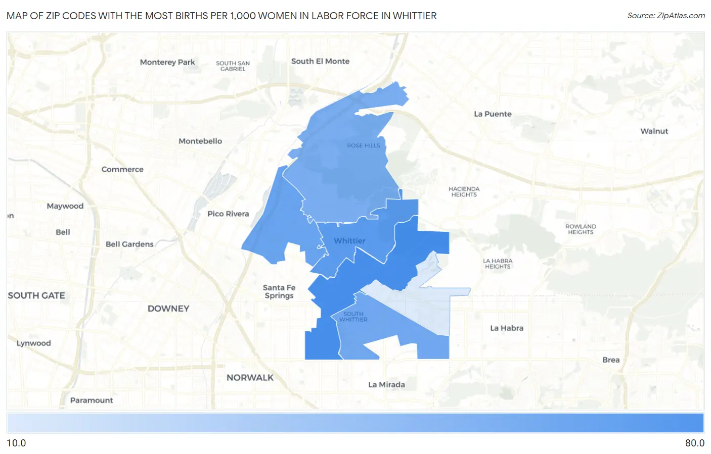 Zip Codes with the Most Births per 1,000 Women in Labor Force in Whittier Map