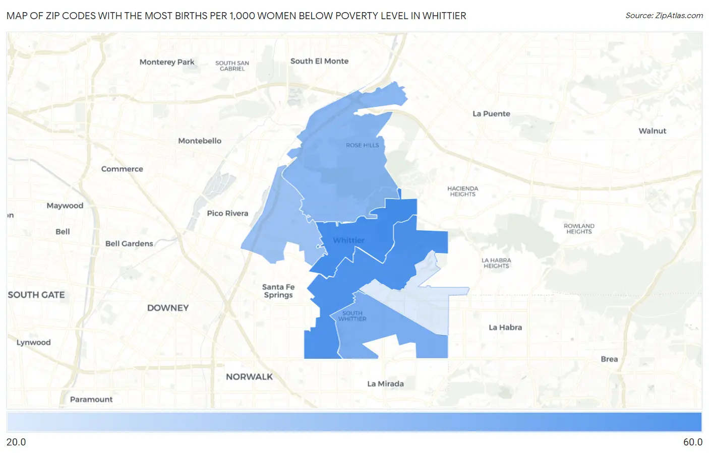 Zip Codes with the Most Births per 1,000 Women Below Poverty Level in Whittier Map