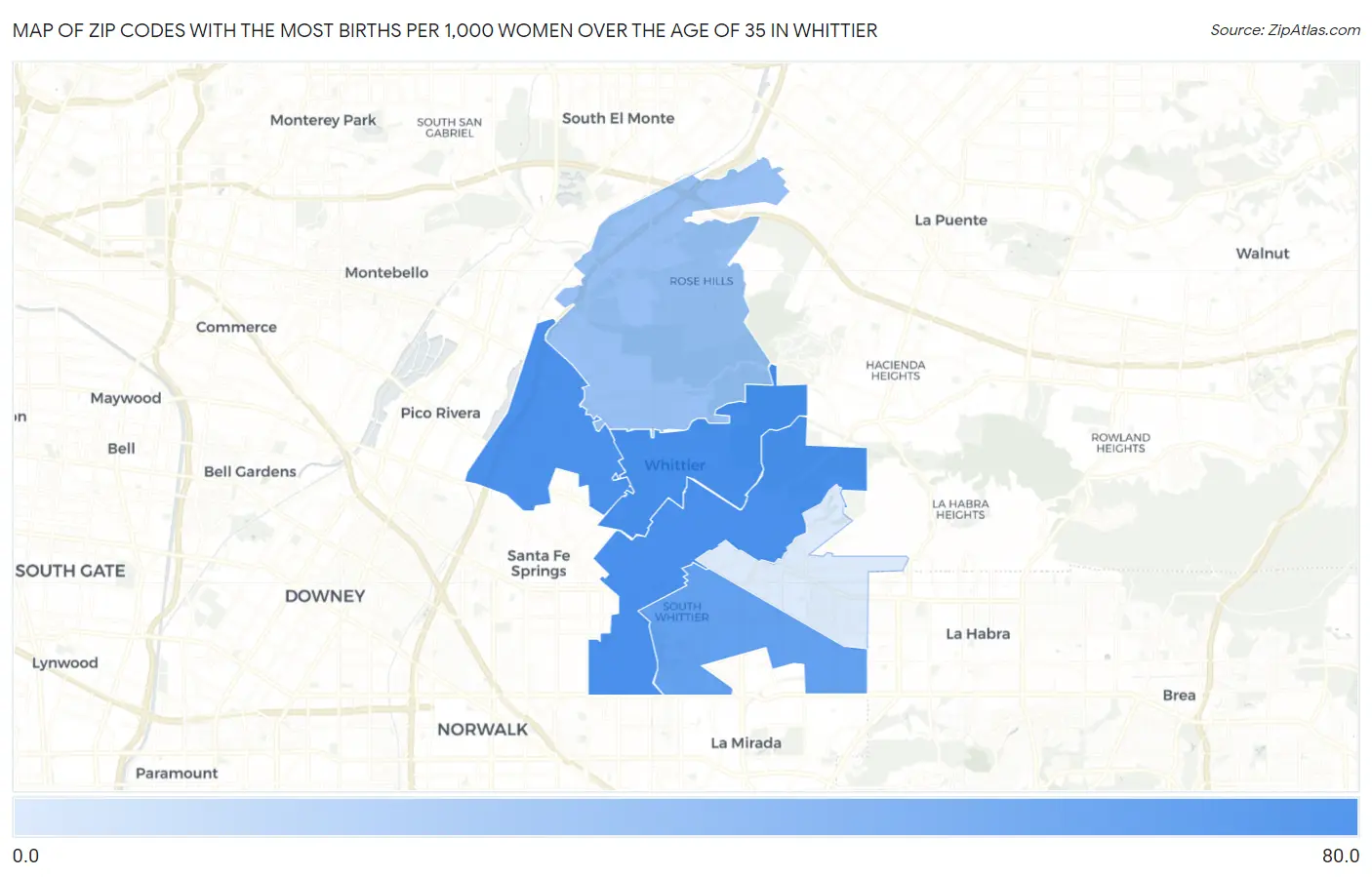 Zip Codes with the Most Births per 1,000 Women Over the Age of 35 in Whittier Map
