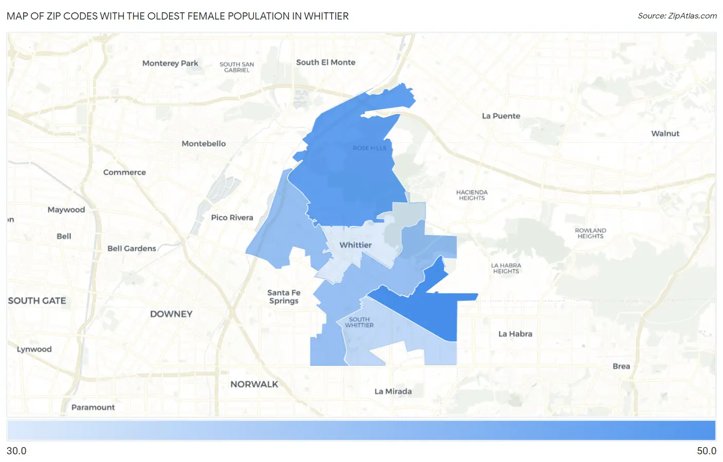Zip Codes with the Oldest Female Population in Whittier Map