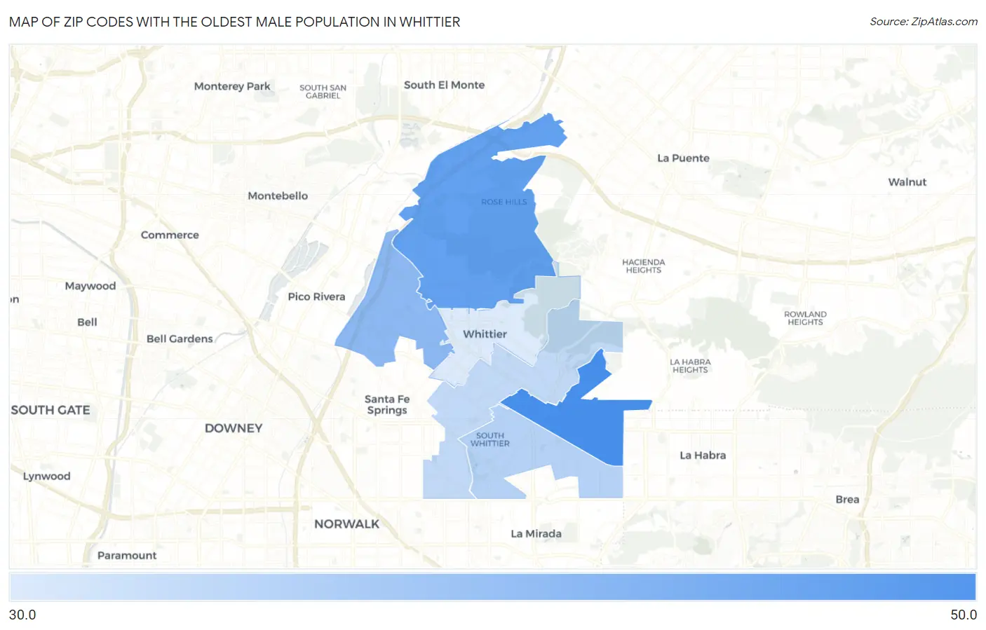 Zip Codes with the Oldest Male Population in Whittier Map