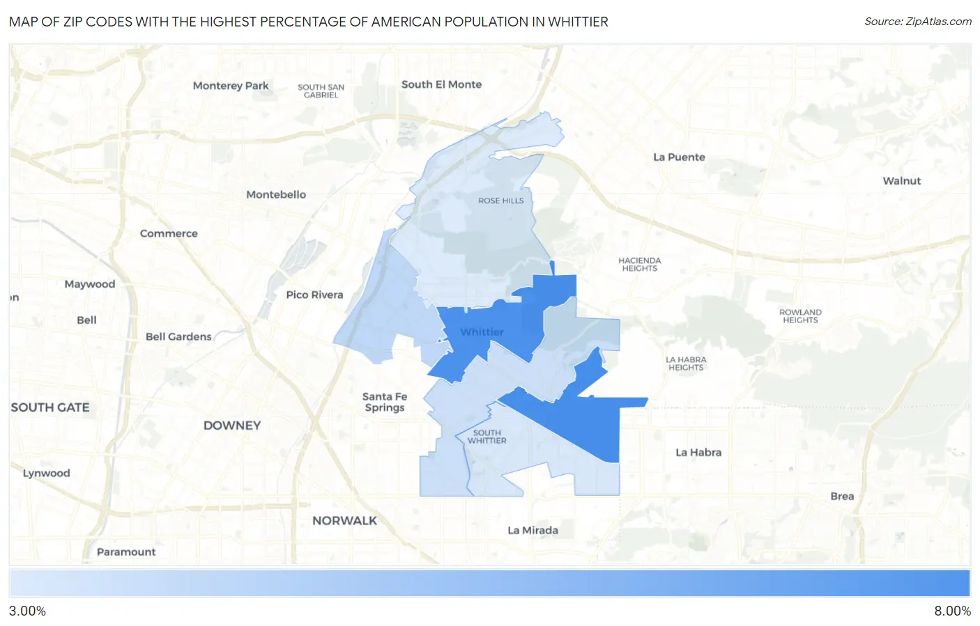 Zip Codes with the Highest Percentage of American Population in Whittier Map
