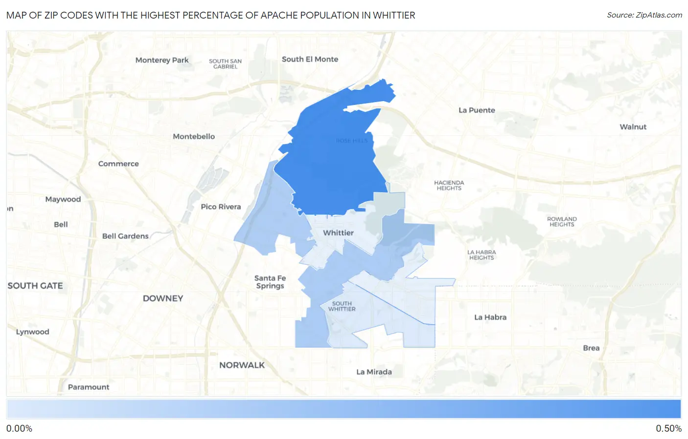 Zip Codes with the Highest Percentage of Apache Population in Whittier Map