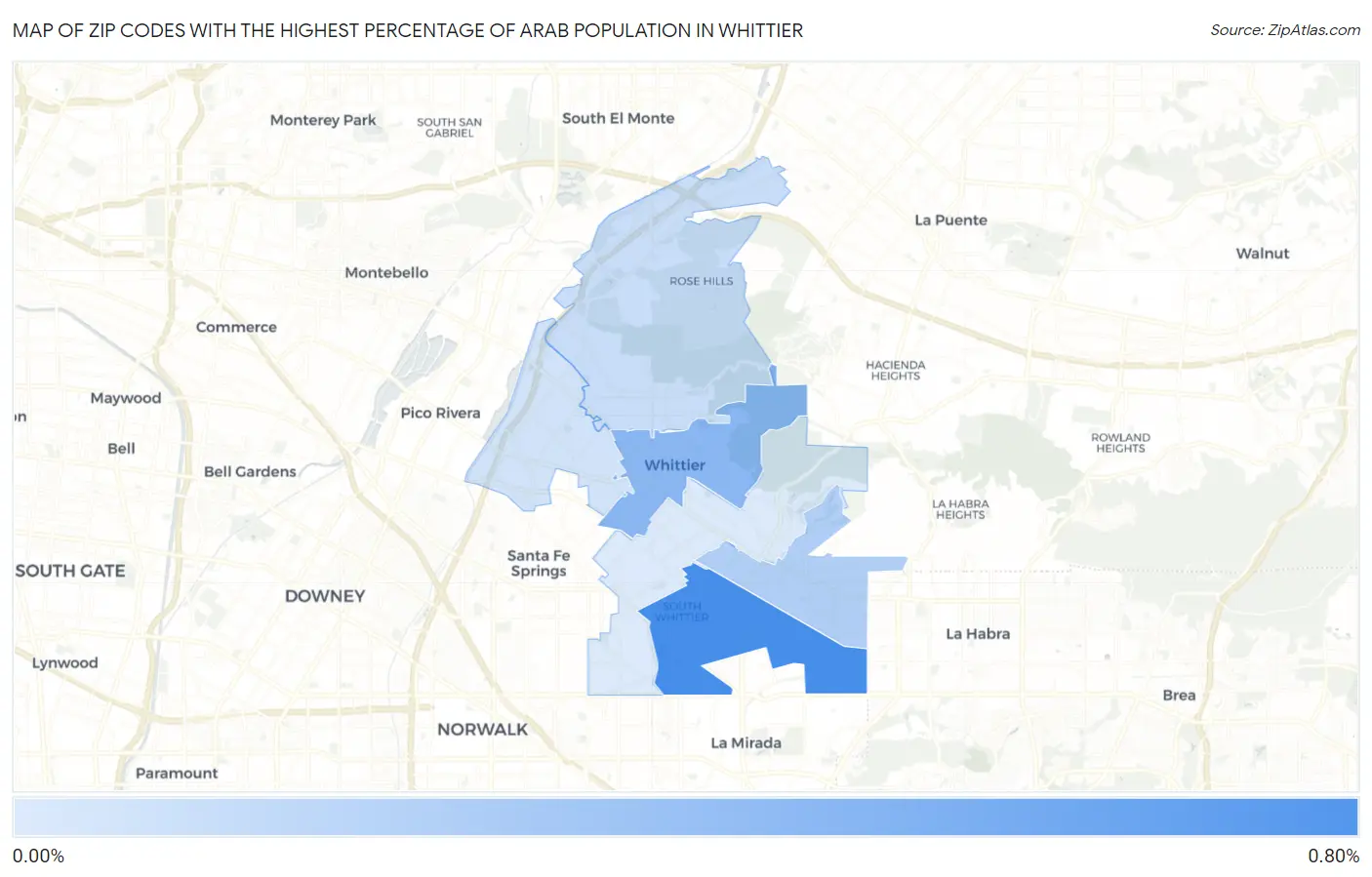 Zip Codes with the Highest Percentage of Arab Population in Whittier Map