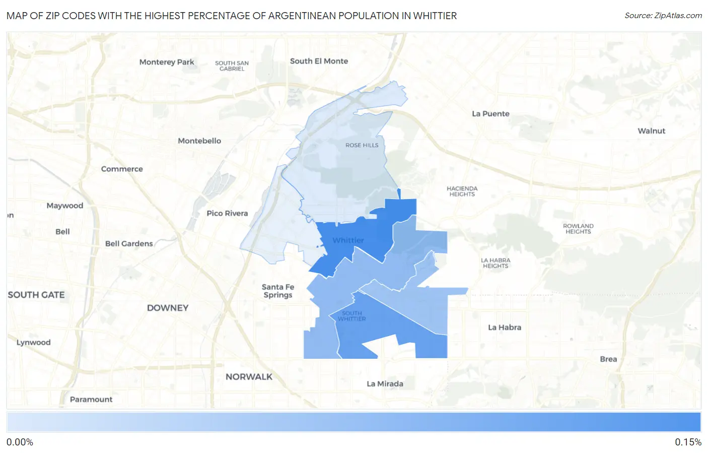 Zip Codes with the Highest Percentage of Argentinean Population in Whittier Map