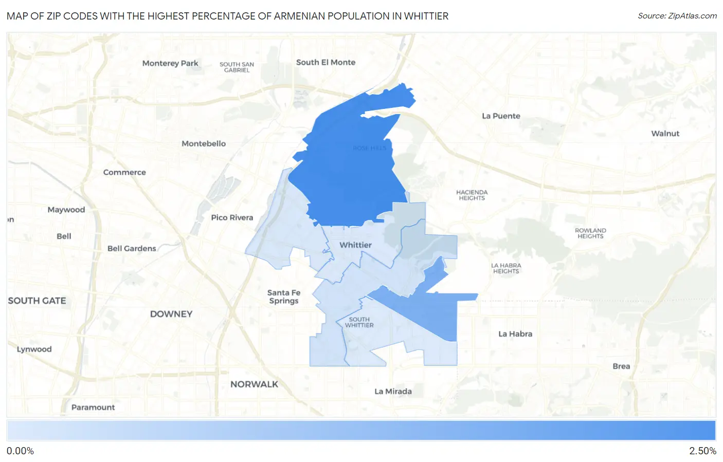 Zip Codes with the Highest Percentage of Armenian Population in Whittier Map