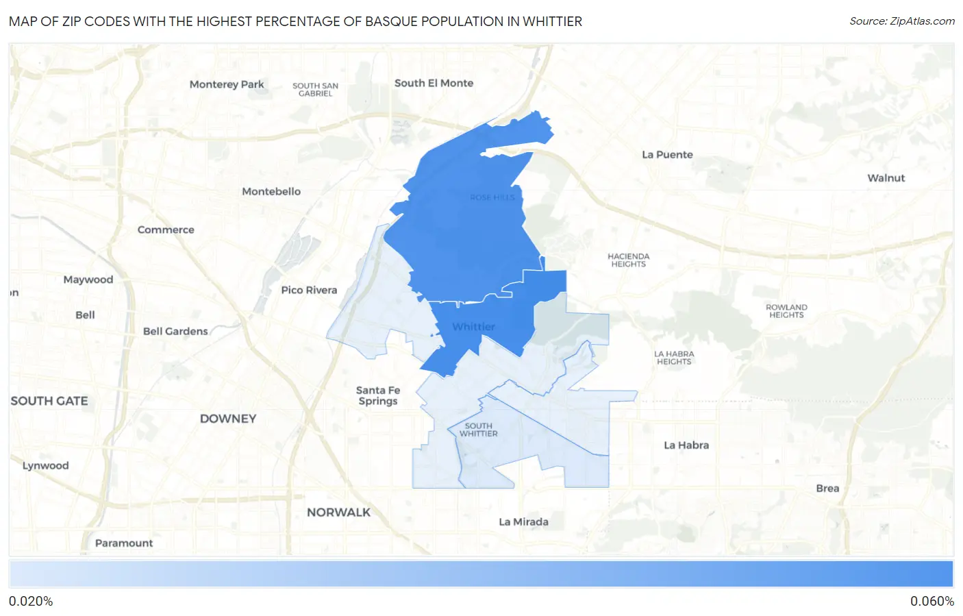 Zip Codes with the Highest Percentage of Basque Population in Whittier Map