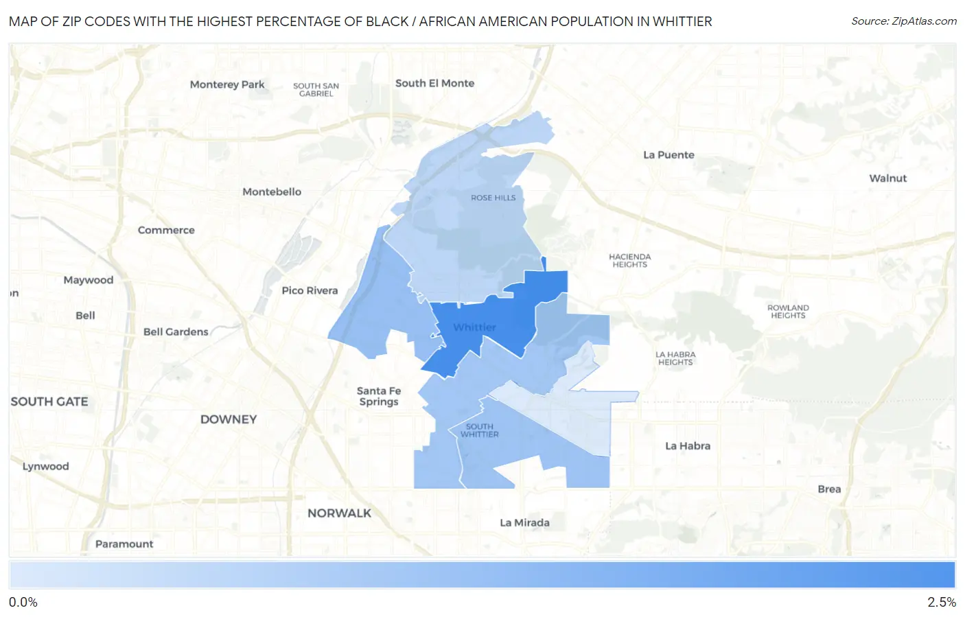 Zip Codes with the Highest Percentage of Black / African American Population in Whittier Map