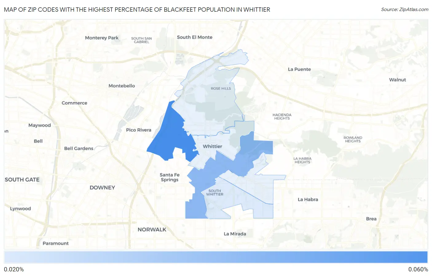 Zip Codes with the Highest Percentage of Blackfeet Population in Whittier Map
