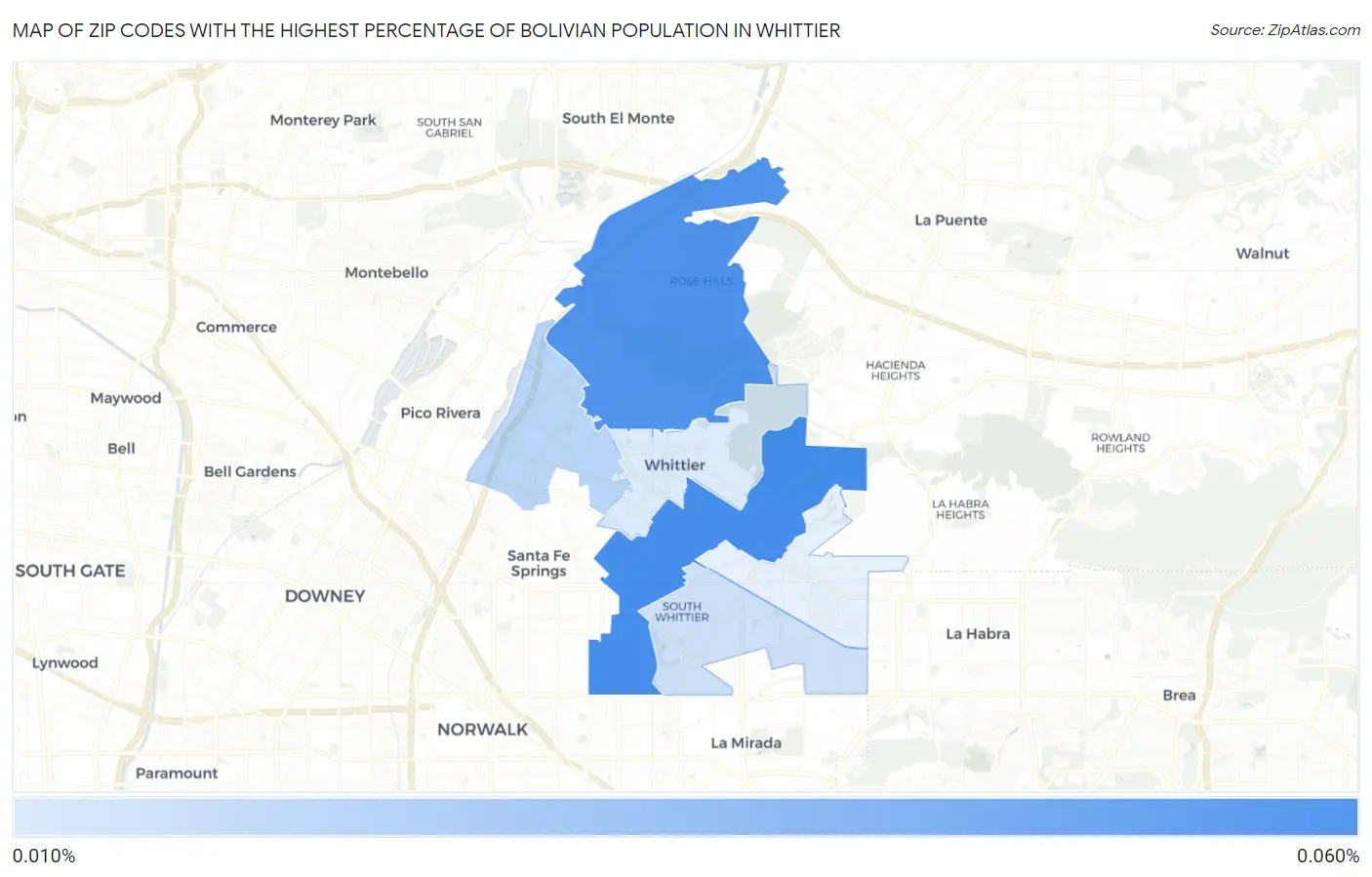 Zip Codes with the Highest Percentage of Bolivian Population in Whittier Map
