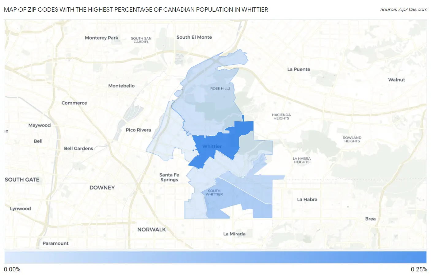 Zip Codes with the Highest Percentage of Canadian Population in Whittier Map
