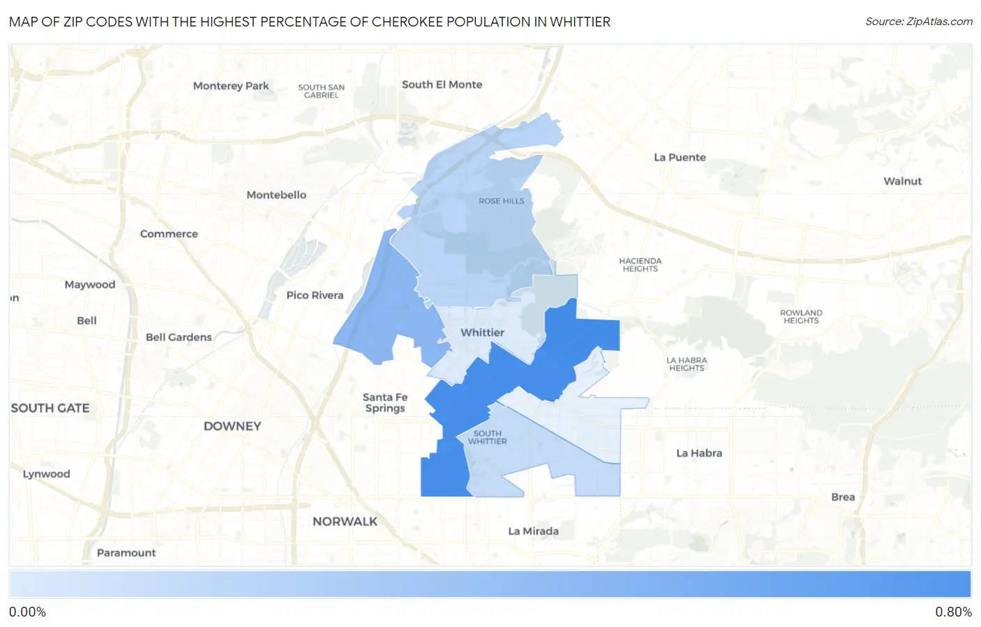 Zip Codes with the Highest Percentage of Cherokee Population in Whittier Map
