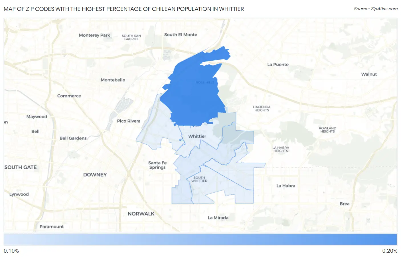 Zip Codes with the Highest Percentage of Chilean Population in Whittier Map