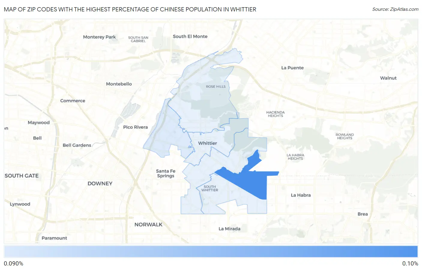 Zip Codes with the Highest Percentage of Chinese Population in Whittier Map