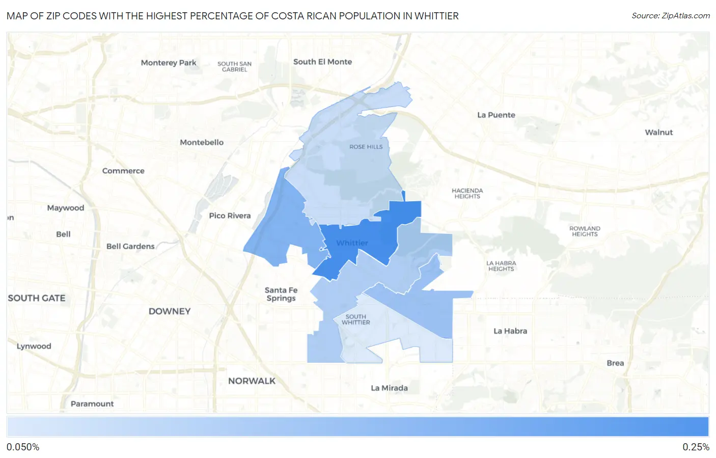 Zip Codes with the Highest Percentage of Costa Rican Population in Whittier Map
