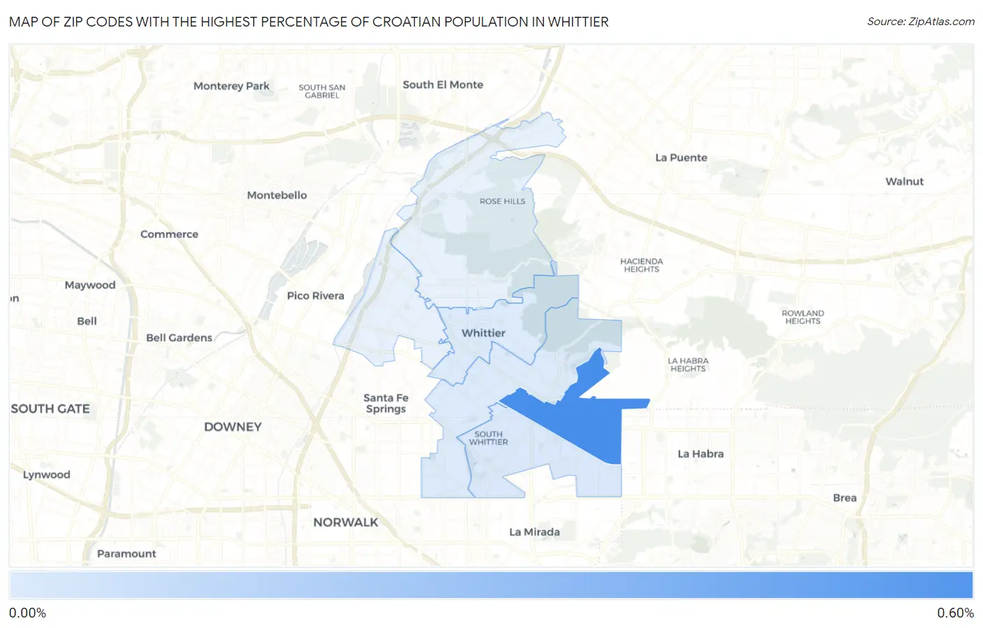Zip Codes with the Highest Percentage of Croatian Population in Whittier Map