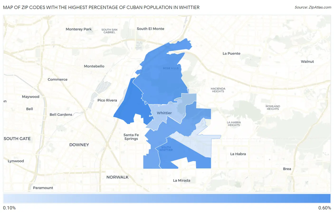 Zip Codes with the Highest Percentage of Cuban Population in Whittier Map