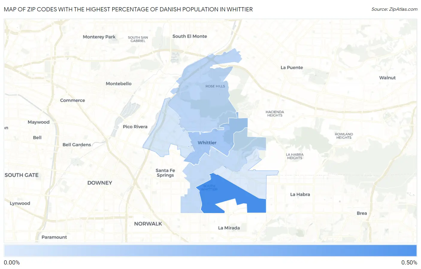 Zip Codes with the Highest Percentage of Danish Population in Whittier Map