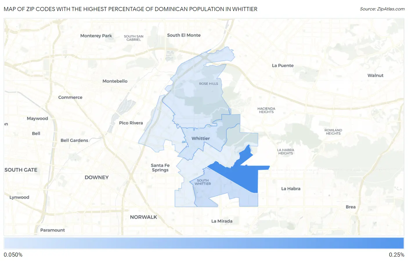 Zip Codes with the Highest Percentage of Dominican Population in Whittier Map