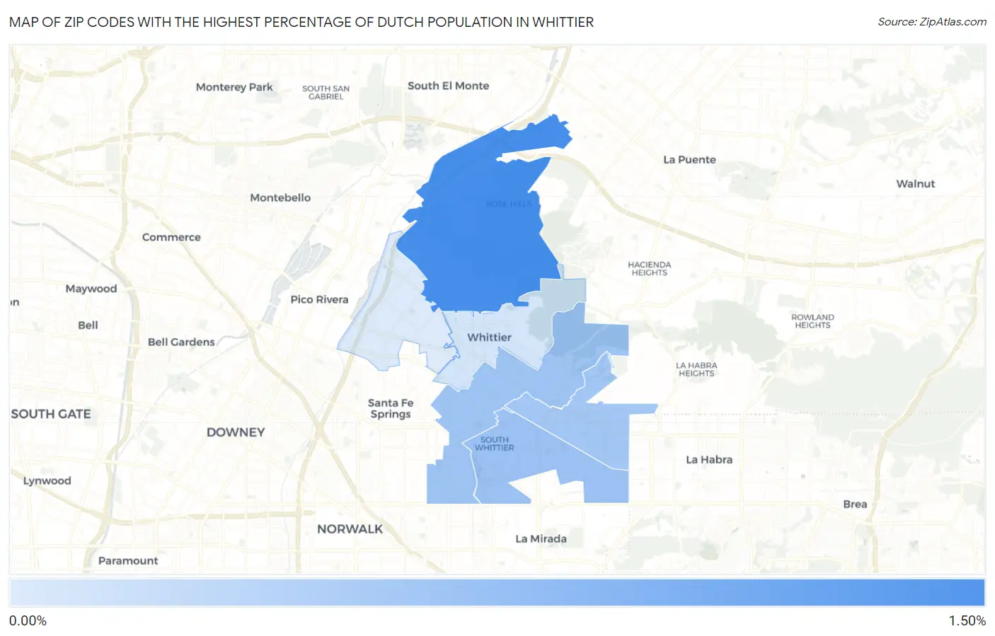 Zip Codes with the Highest Percentage of Dutch Population in Whittier Map