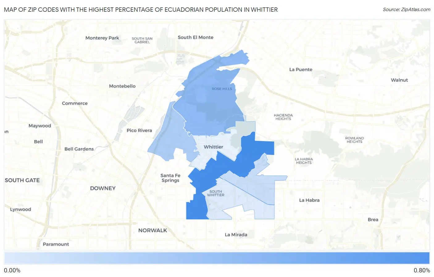 Zip Codes with the Highest Percentage of Ecuadorian Population in Whittier Map
