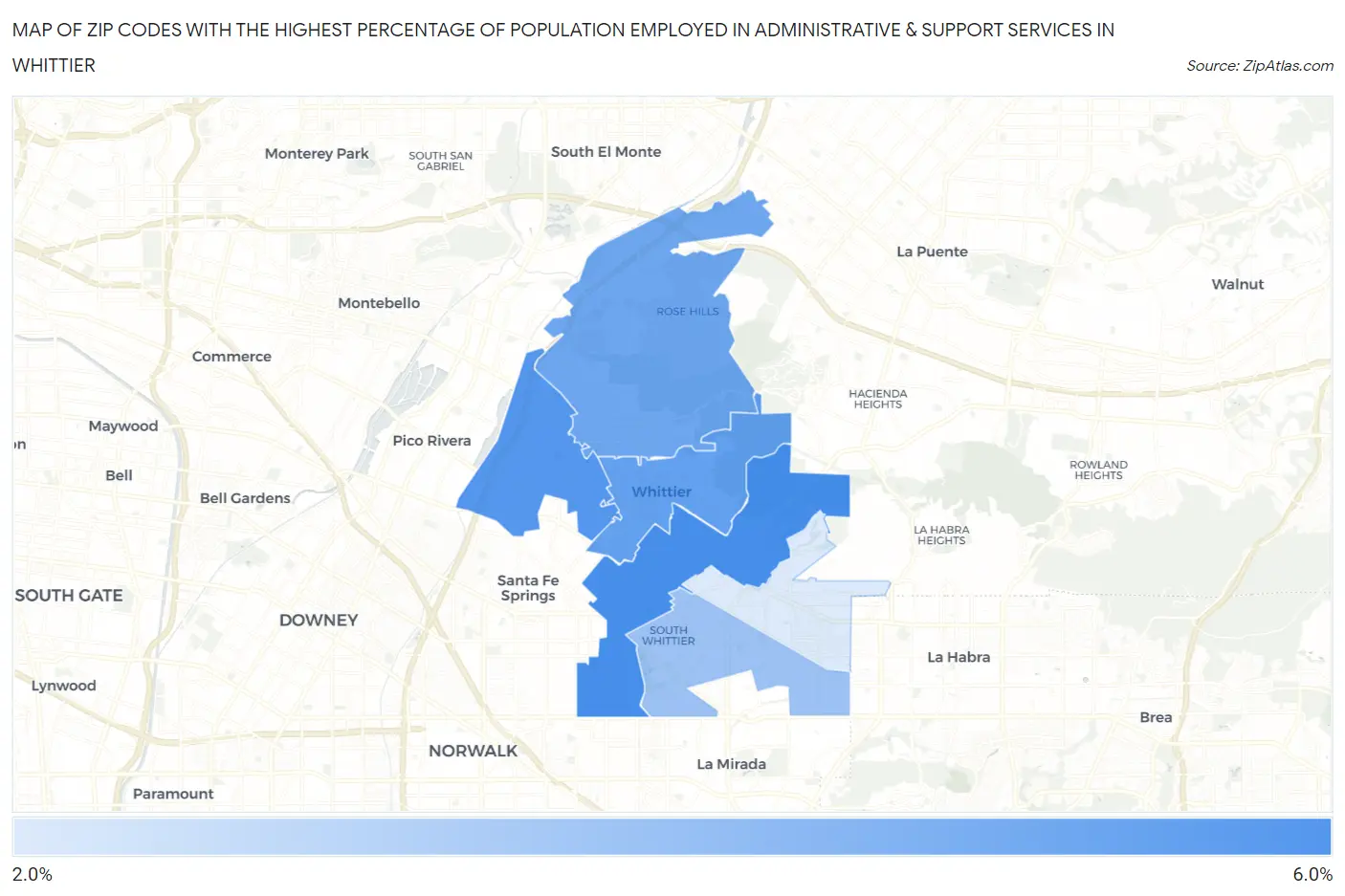 Zip Codes with the Highest Percentage of Population Employed in Administrative & Support Services in Whittier Map