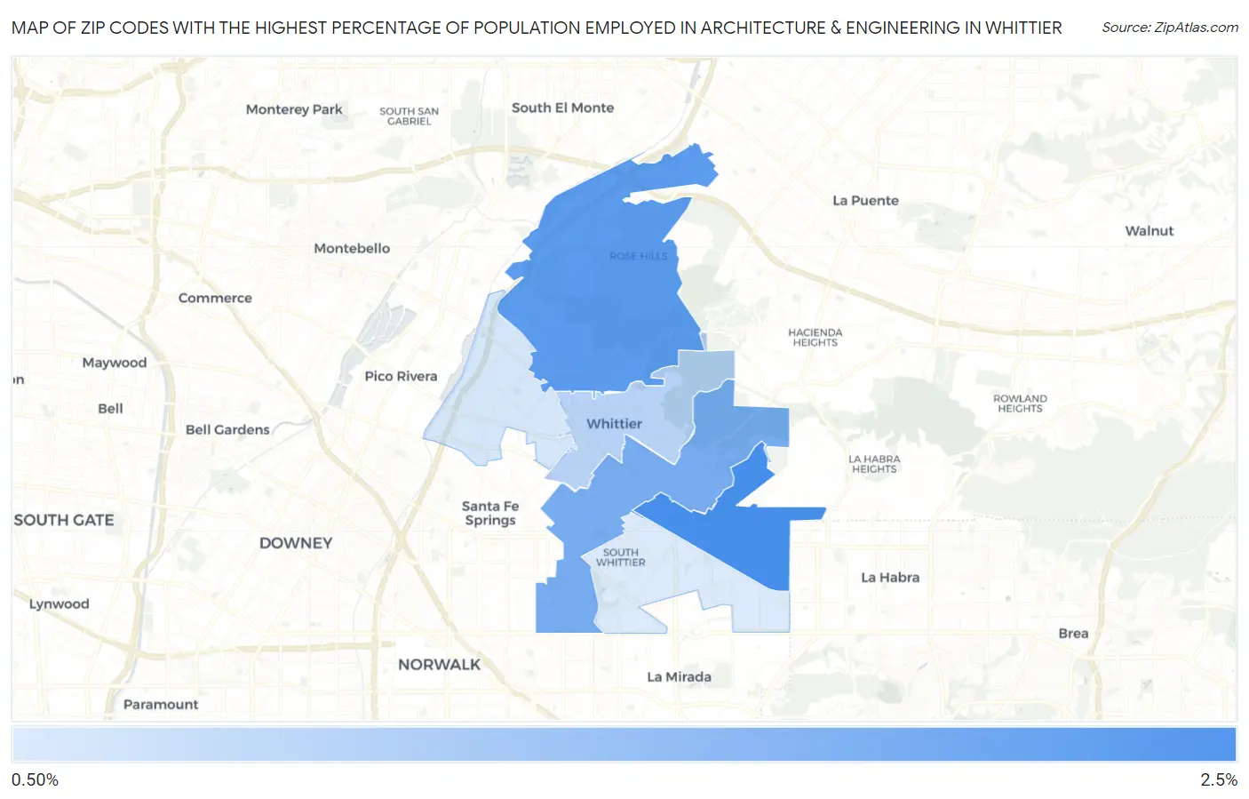 Zip Codes with the Highest Percentage of Population Employed in Architecture & Engineering in Whittier Map